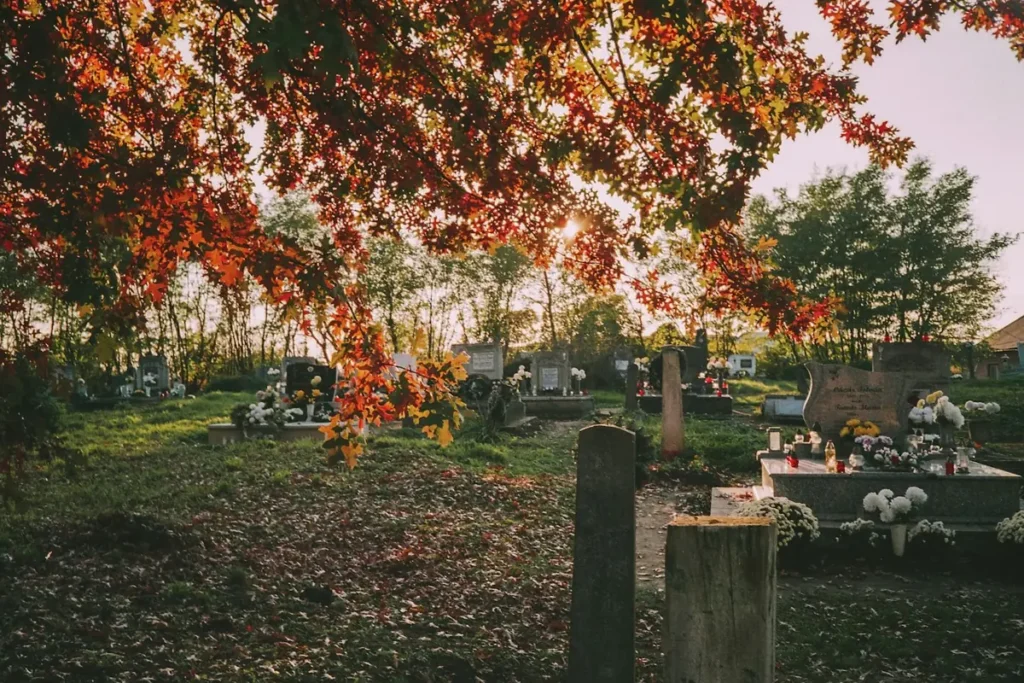 Cimitero in autunno con fiori sulle tombe